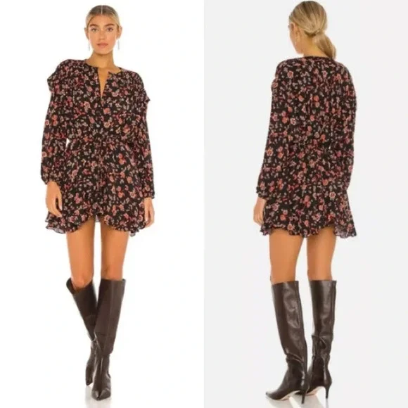 Free People | Flower Fields Black & Orange Floral Print Long Sleeve Mini Dress M - Picture 5 of 16